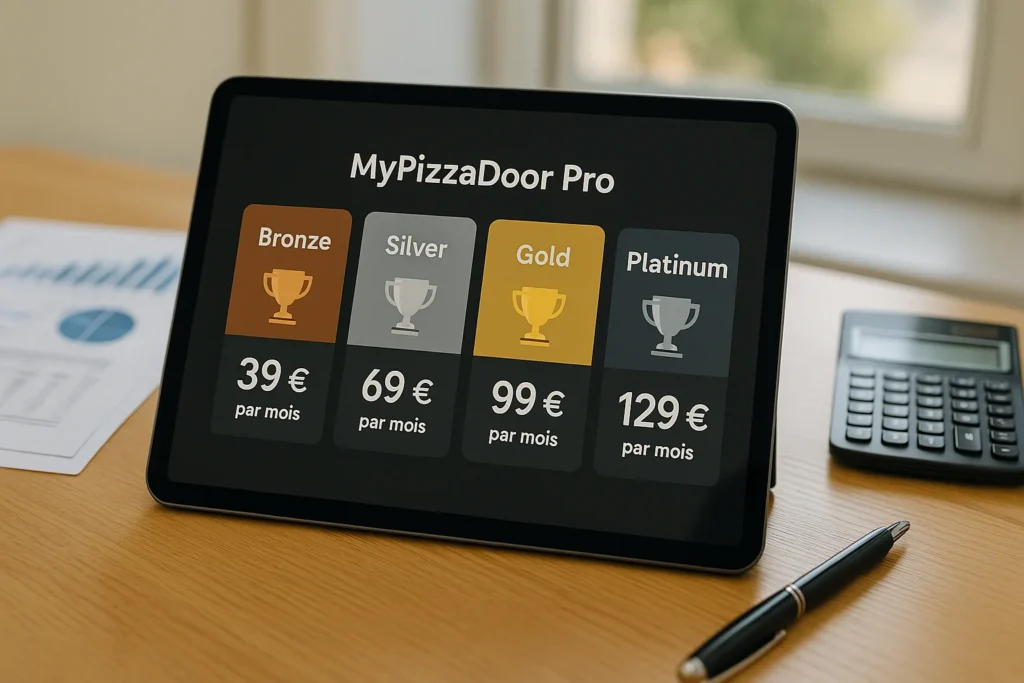 Tablette présentant les différents forfaits de la solution mypizzadoor Pro avec les options Bronze, Silver, Gold et Platinium