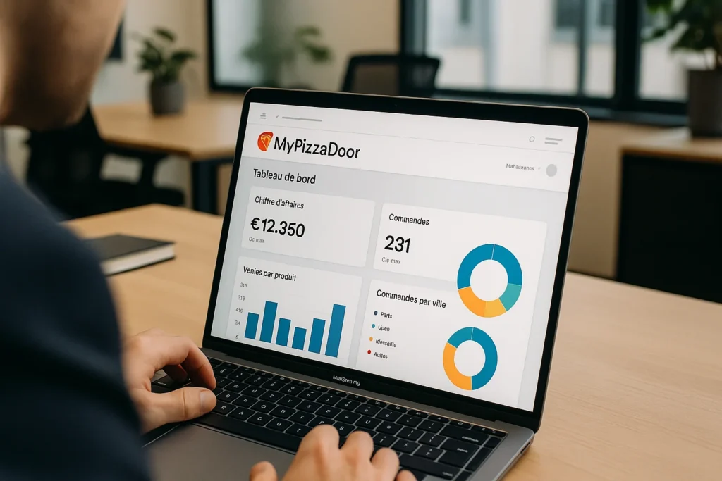 Écran d'ordinateur affichant le tableau de bord de la plateforme mypizzadoor pour la gestion à distance des distributeurs automatiques