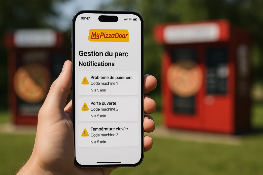 Smartphone affichant l'application mobile mypizzadoor permettant de gérer les distributeurs automatiques de pizzas à distance