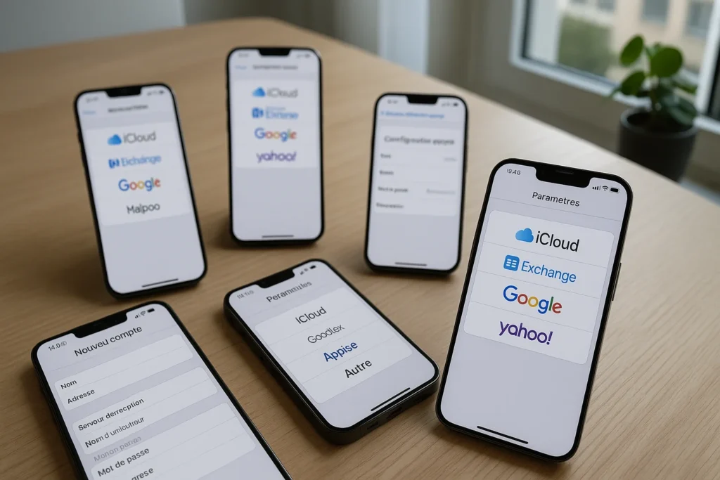 Smartphones affichant la configuration de la messagerie akeonet sur différents appareils mobiles
