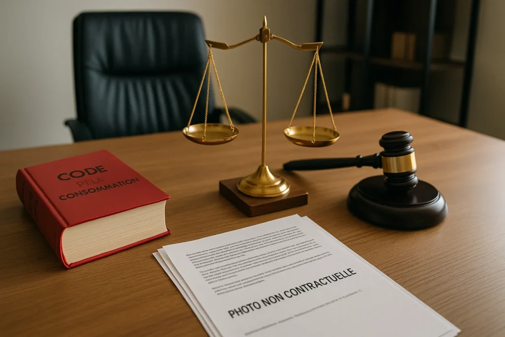 Bureau juridique avec le Code de la consommation ouvert illustrant l'encadrement légal de la mention photo non contractuel en France.
