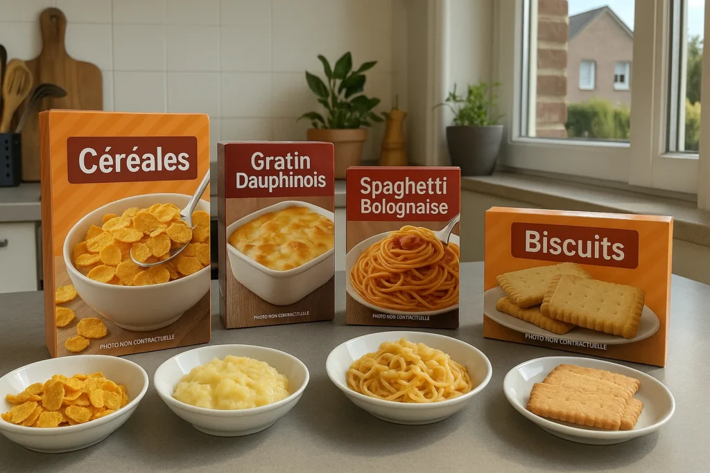 Emballages alimentaires français avec mention photo non contractuel comparés aux produits réels pour illustrer les différences visuelles.