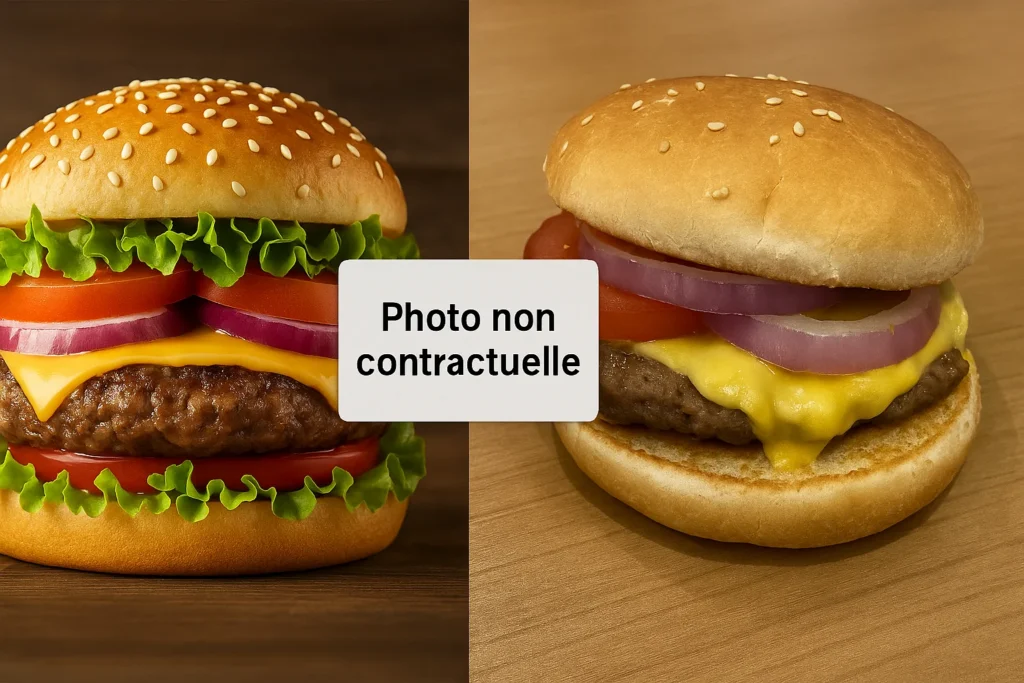 Comparaison visuelle illustrant le concept de photo non contractuel entre un burger publicitaire parfait et sa version réelle moins attrayante.