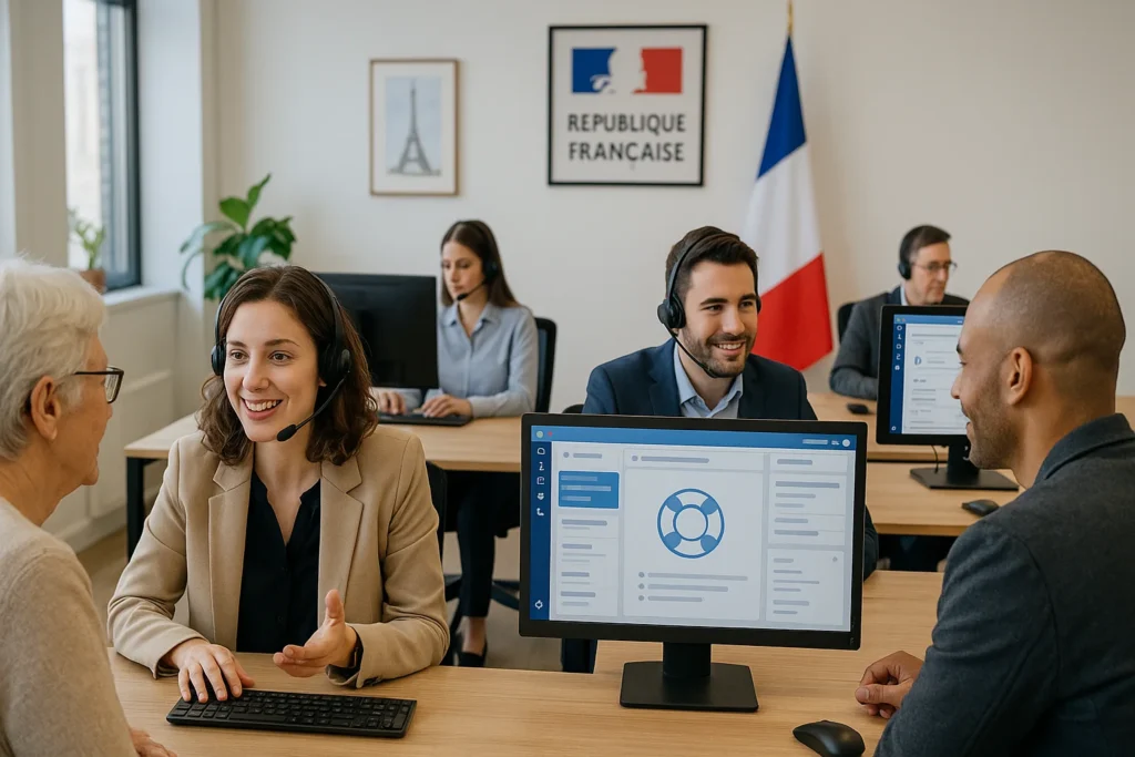 Équipe de support technique aidant les utilisateurs de la messagerie akeonet dans un centre d'assistance moderne
