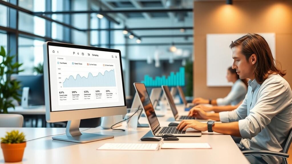 Interface moderne d'un logiciel de gestion de paie en ligne pour PME, montrant des bulletins de salaire automatisés et des graphiques de suivi des cotisations sociales, dans un bureau dynamique avec des professionnels utilisant 123 paie sur leurs ordinateurs.