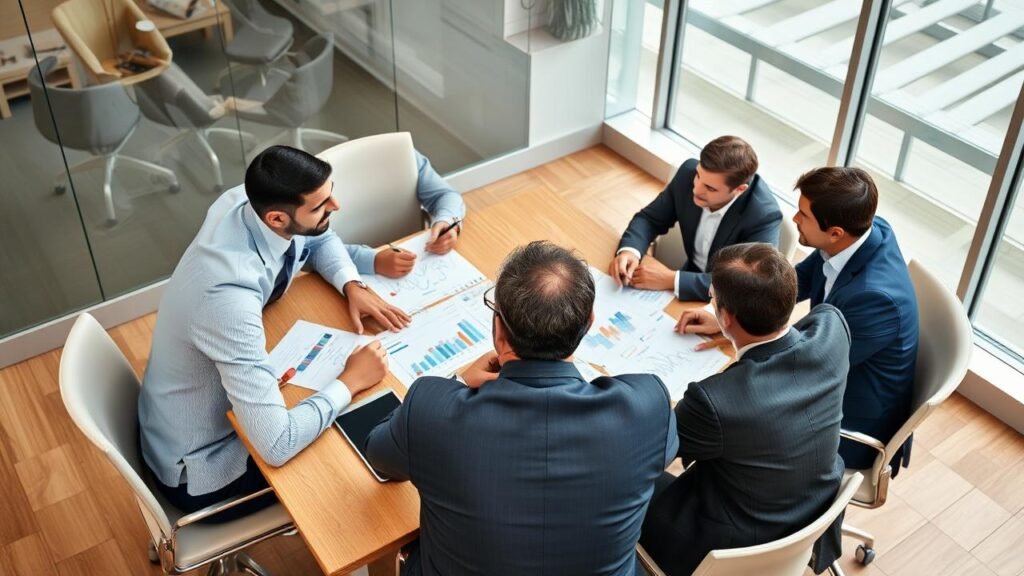 Groupe de professionnels discutant autour d'une table de réunion, examinant des graphiques et des notes sur l'analyse stratégique et les forces concurrentielles selon les 5 forces de porter dans un environnement d'affaires dynamique.