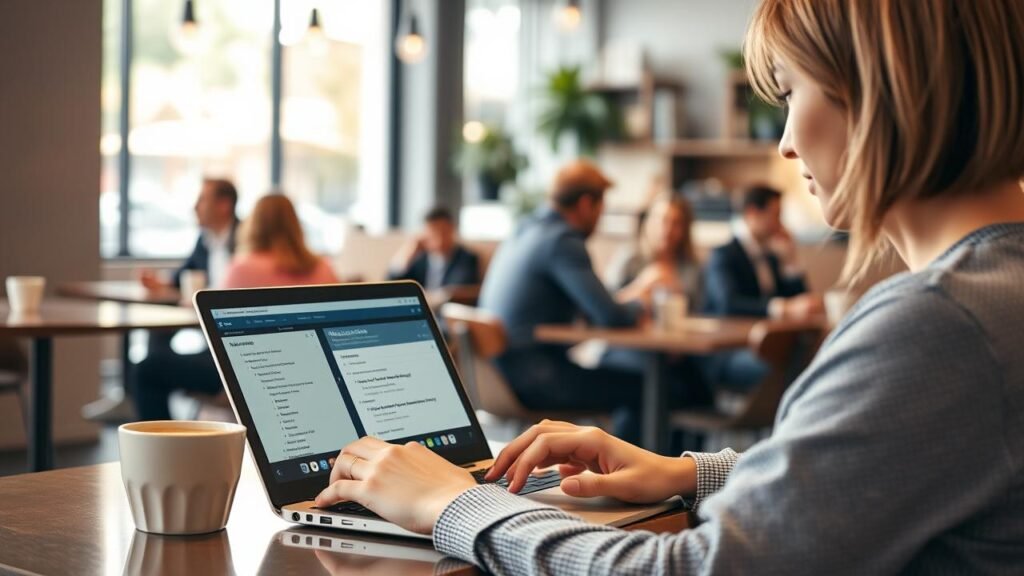 Personne utilisant un ordinateur portable dans un café moderne pour travailler sur un logiciel de transcription audio, avec des transcriptions à l'écran, tandis que d'autres clients discutent à l'arrière-plan, créant une ambiance agréable, illustrant des avis sur Amberscript.