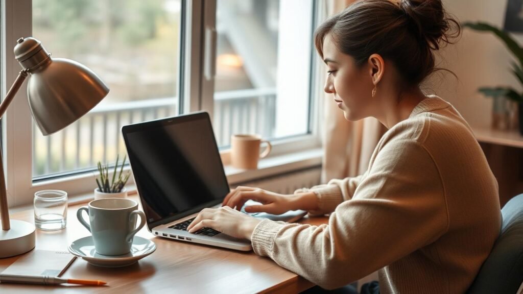 Personne utilisant un ordinateur portable dans un environnement chaleureux et accueillant, avec une tasse de café à proximité et une lumière naturelle entrant par la fenêtre, illustrant un usage personnel d'outils de connexion à distance comme AnyDesk gratuit.