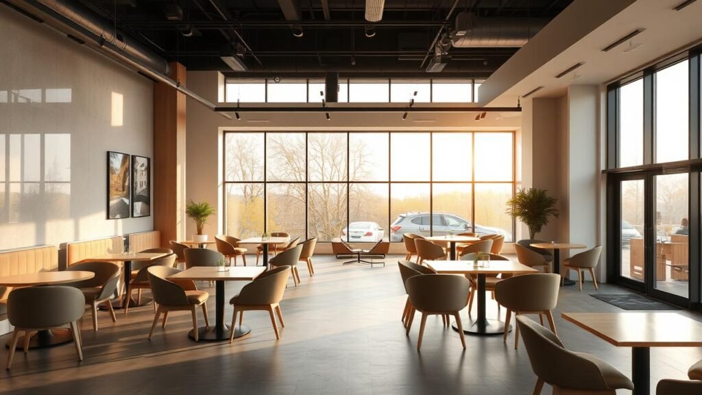 Espace commercial vide et moderne avec des chaises et des tables en bois et verre, baigné de lumière naturelle, prêt à accueillir un projet commercial, idéal pour un bail précaire commerce.