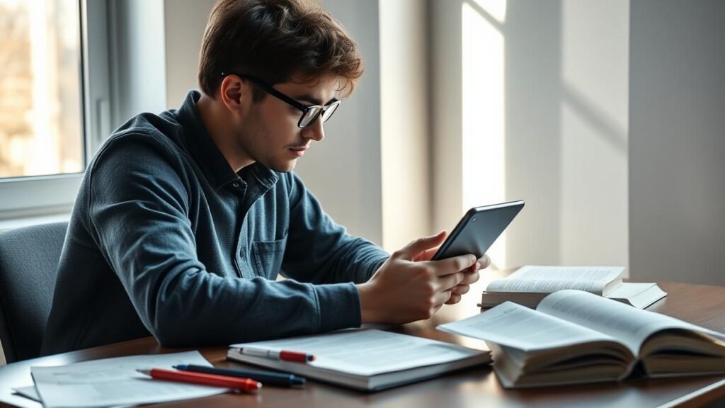 Étudiant assis à un bureau concentré sur son ordinateur portable, utilisant le correcteur d'orthographe en ligne bonpatron, avec des feuilles, des stylos éparpillés et un livre de grammaire ouvert à côté, sous une lumière naturelle accueillante.