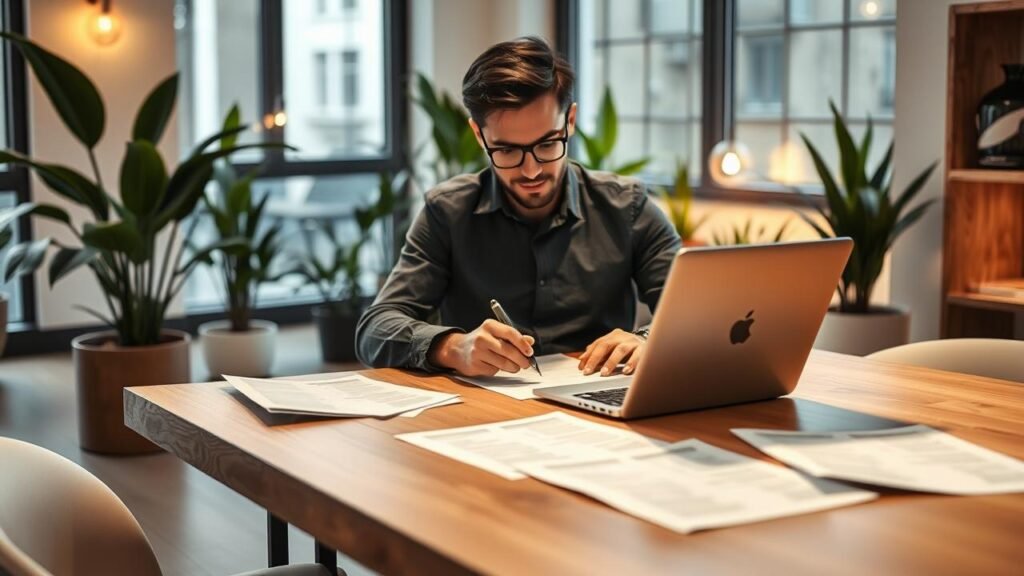 Entrepreneur travaillant sur son ordinateur portable dans un espace de coworking moderne, entouré de plantes et de documents de comptabilité, illustrant l'approche simplifiée et moderne de compta clémentine.