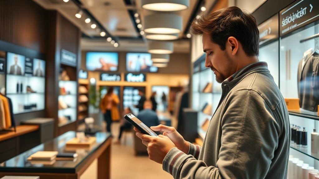 Image d'une boutique moderne où un client utilise un smartphone pour naviguer sur un site de vente en ligne, entouré de produits exposés et d'écrans montrant des interactions sur les réseaux sociaux, illustrant la définition omnicanal dans une ambiance fluide et connectée.