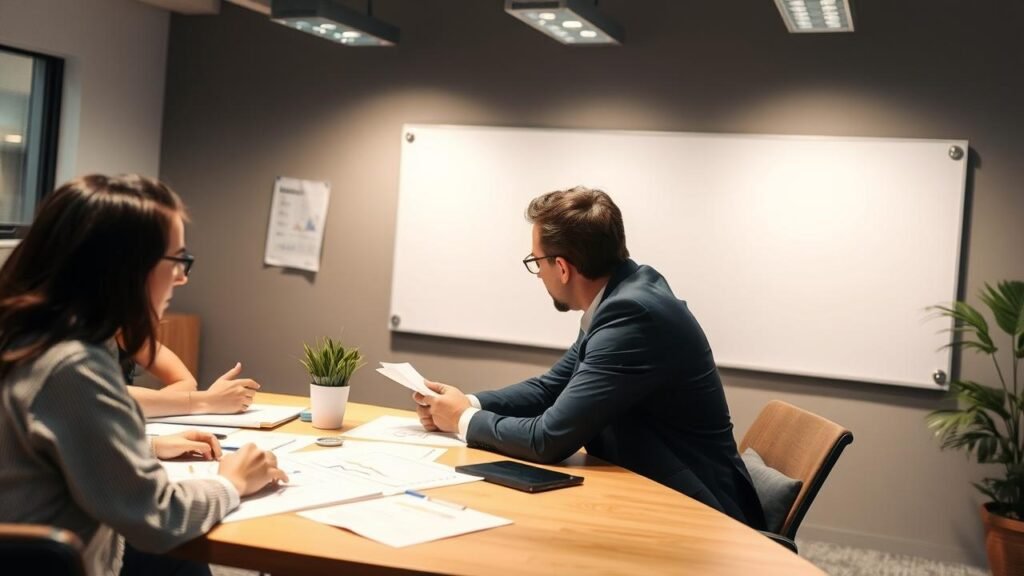 Professionnel collaborant avec son équipe autour d'une table, entouré de documents, graphiques et un tableau blanc, illustrant le processus de réflexion et d'amélioration continue inspiré par le Deming cycle.
