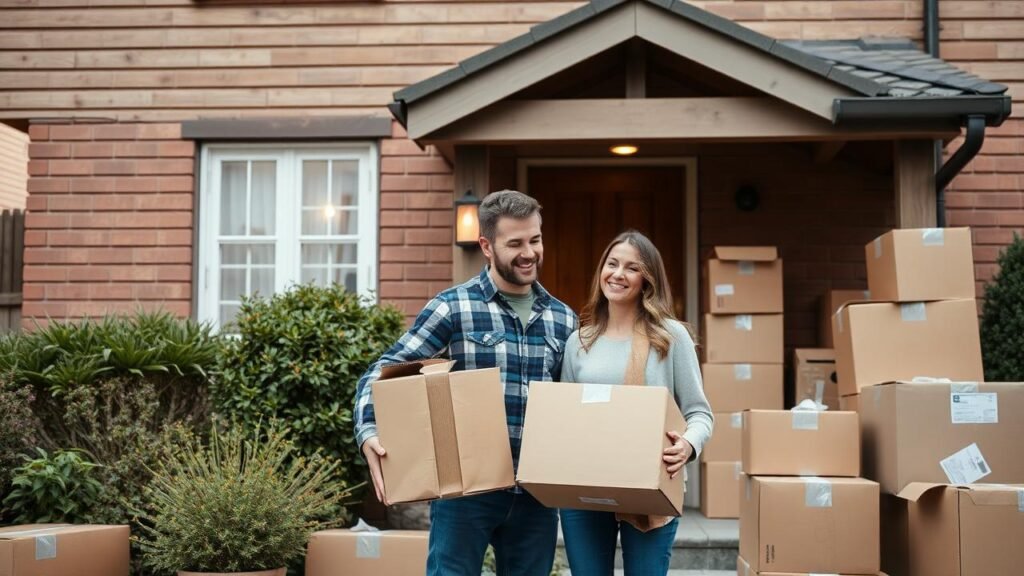Couple souriant devant leur maison entouré de cartons de déménagement, symbolisant le soutien et la transition vers une nouvelle vie après avoir démissionné pour suivre son conjoint.