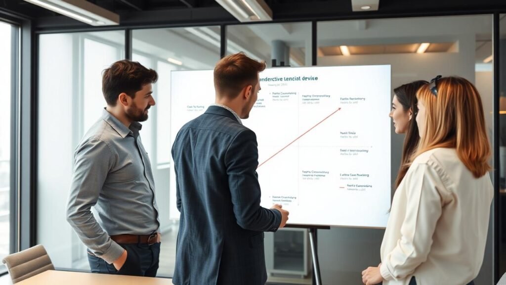 Réunion d'équipe dans un bureau moderne avec des personnes concentrées et enthousiastes examinant un tableau blanc sur le mapping concurrentiel, axé sur les prix et la qualité perçue.