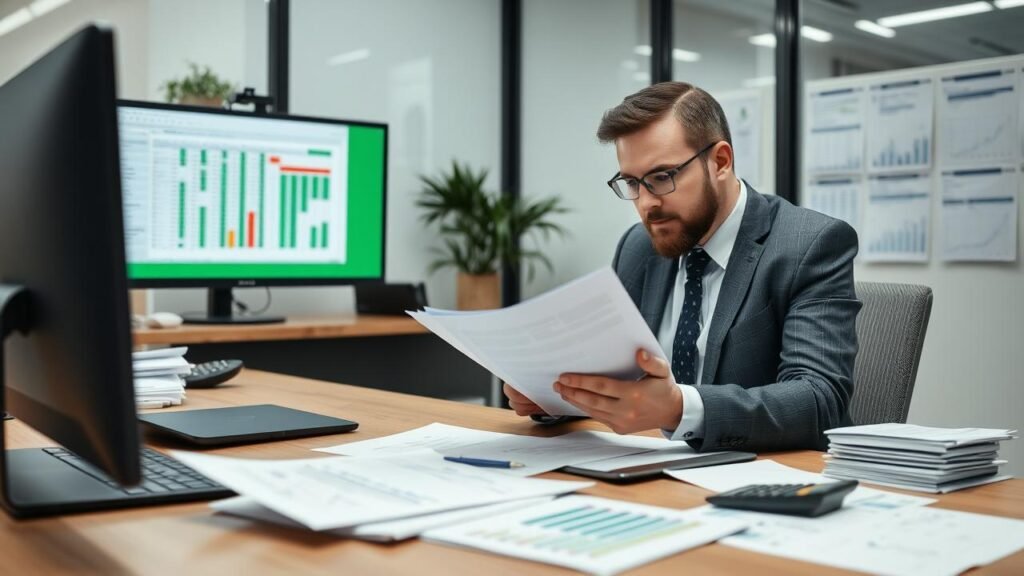 Bureau moderne avec un professionnel examinant des documents financiers, outils de comptabilité comme un ordinateur portable et des calculatrices, illustrant la réintégration fiscale dans une ambiance de travail concentré et organisé.