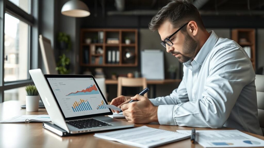 Entrepreneur dans un bureau moderne analysera des graphiques financiers sur son ordinateur portable tout en prenant des notes, entouré de documents financiers, illustrant une ambiance studieuse visant des retours sur investissement.