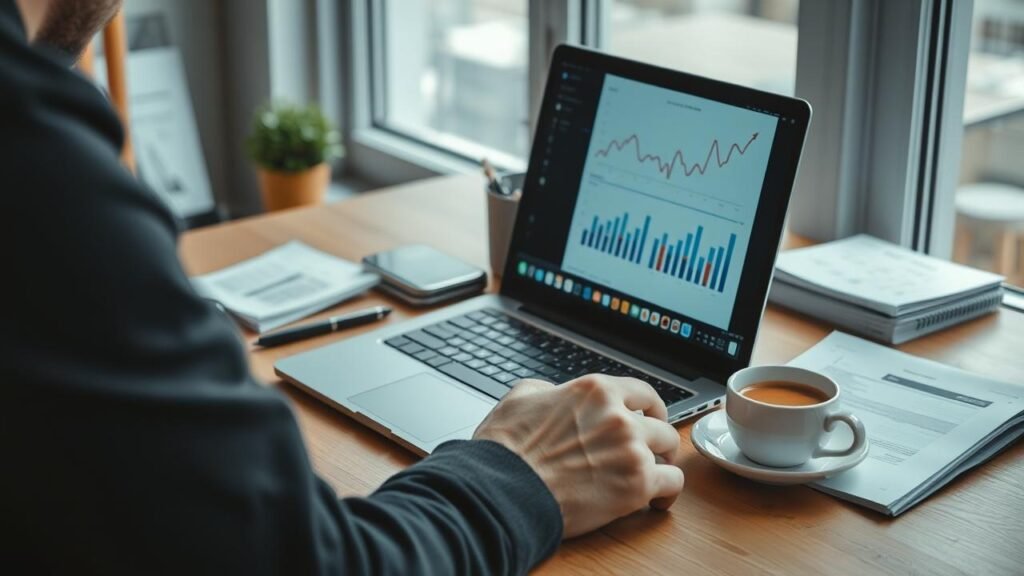 Bureau d'un micro-entrepreneur avec un ordinateur portable affichant un tableau de chiffres et de graphiques, des documents administratifs éparpillés, une tasse de café, illustrant les seuils micro-entreprise dans une ambiance de travail dynamique.