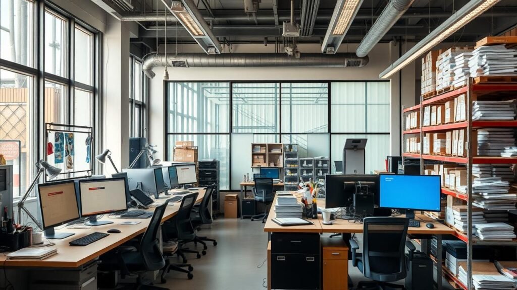 Bureau d'entreprise moderne bien éclairé, présentant des éléments d'actif social tels que des machines industrielles, des ordinateurs, des piles de documents financiers et des équipements de bureau.