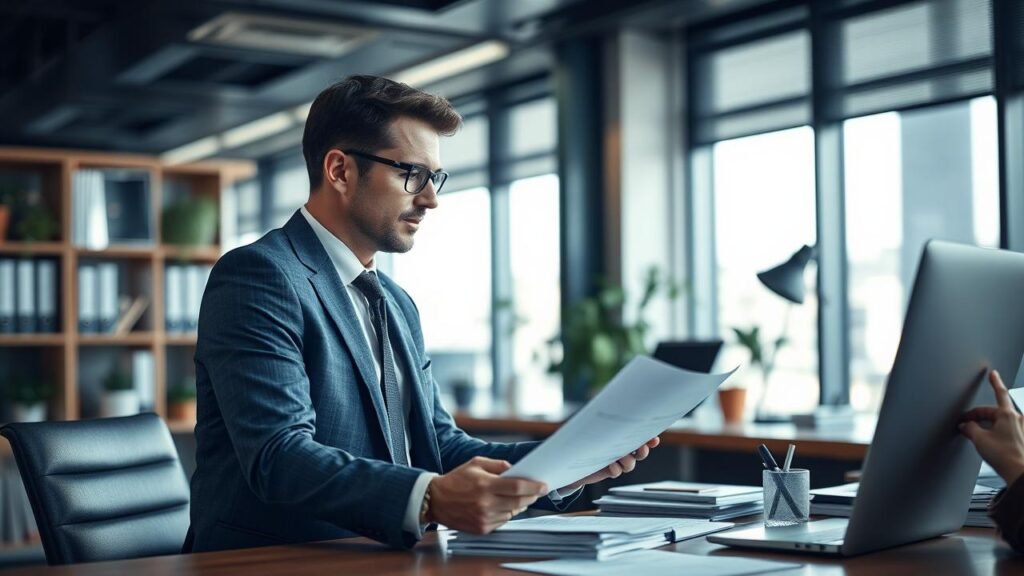 Agent commercial multicarte négociant un contrat dans un bureau moderne, entouré de documents et d'objets de travail, avec une ambiance dynamique et professionnelle éclairée par la lumière naturelle.