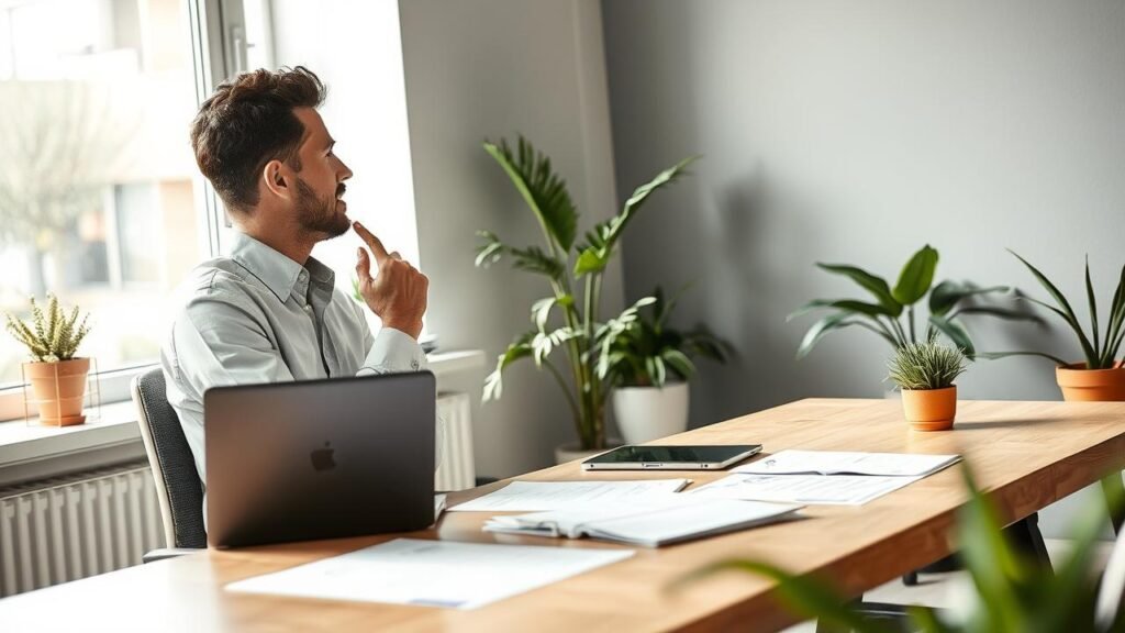 Entrepreneur au bureau moderne réfléchissant à ses options de bail précaire commercial, entouré de documents, d'un ordinateur portable, de lumière naturelle et de plantes décoratives.