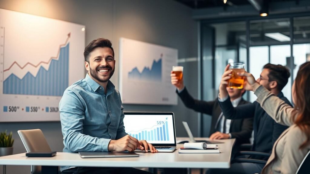Entrepreneur souriant dans un bureau moderne célébrant une levée de fonds réussie, entouré de graphiques de croissance et d'investisseurs levant un verre, mettant en avant des opportunités d'investissement comme le bsa air.