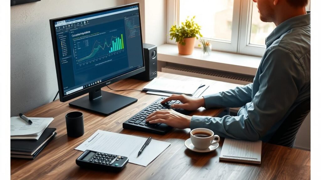 Bureau moderne avec un utilisateur travaillant sur un ordinateur affichant un logiciel de comptabilité, entouré de documents, d'une calculatrice et d'une tasse de café, avec la lumière naturelle créant une ambiance conviviale, représentant l'importance de la comptabilité oxygène.