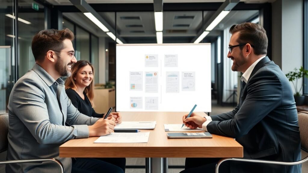 Réunion professionnelle entre un fournisseur et un distributeur dans un bureau moderne, avec un tableau blanc sur un contrat de distribution, des documents sur la table et une ambiance de collaboration animée.