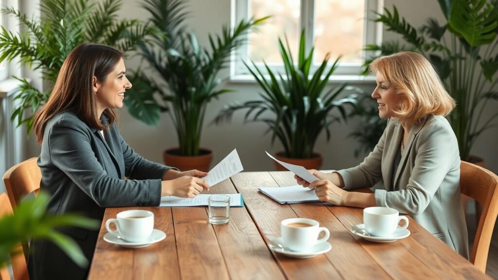Scène de négociation entre deux personnes assises à une table en bois, échangeant des documents sur un contrat de gré à gré, avec des expressions engagées, dans un environnement accueillant baigné de lumière naturelle douce, entourées de plantes et de tasses de café.