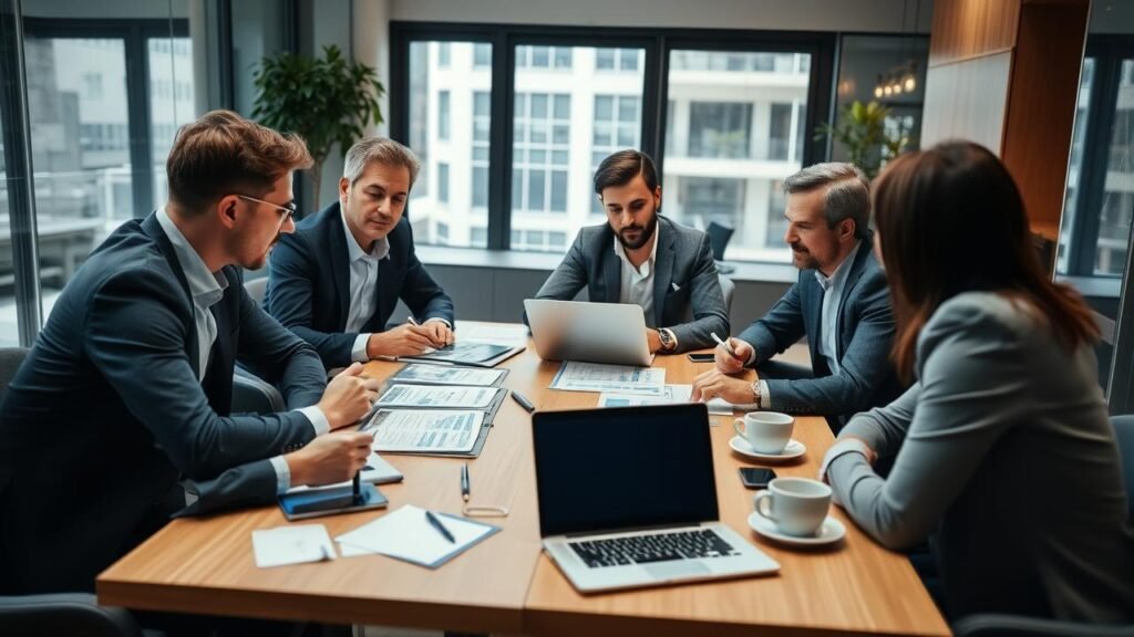 Groupe diversifié d'investisseurs autour d'une table moderne, analysant des documents financiers et graphiques sur une tablette, illustrant l'importance du crowd equity dans un environnement de startup collaboratif.