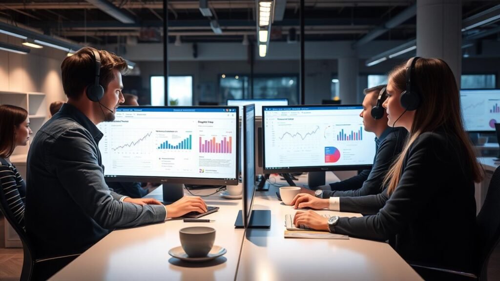 Équipe de support client moderne travaillant ensemble dans un bureau lumineux, utilisant des ordinateurs pour gérer le ticketing d'assistance technique, avec des graphiques de performance affichés sur les écrans et une ambiance collaborative.