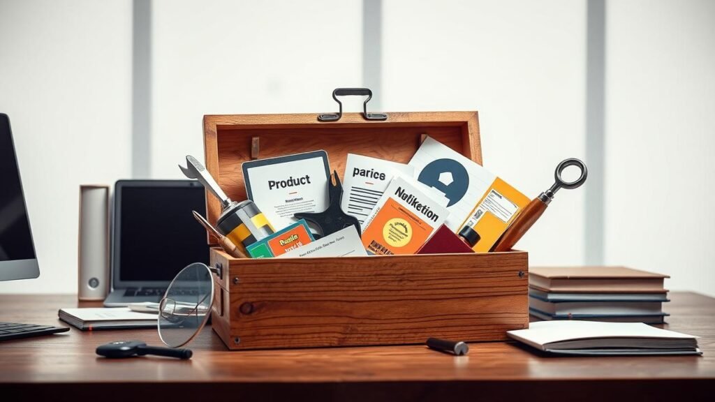 Boîte à outils ouverte sur un bureau moderne, remplie d'objets symbolisant le marketing mix, incluant un produit, des étiquettes de prix, des cartes de distribution et des éléments de communication, le tout dans un environnement bien éclairé avec un fond flou.