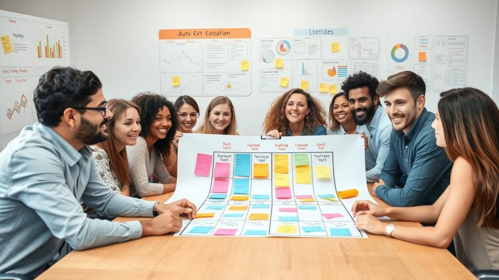 Équipe diversifiée collaborant autour d'une table de réunion avec une matrice SEPO d'auto-évaluation et des post-it colorés, ambiance conviviale et murs décorés de graphiques sur les succès.