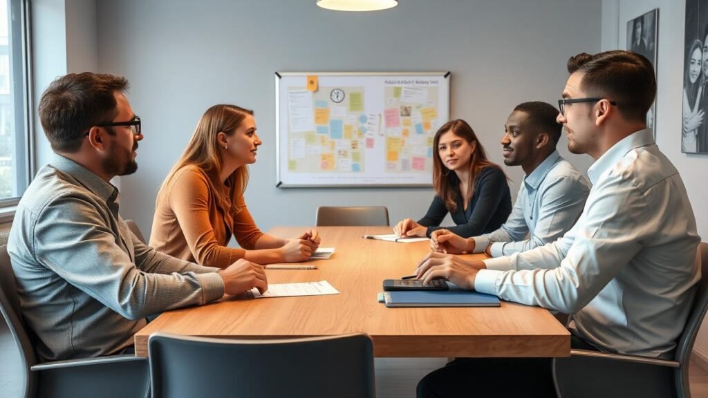 Scène de réunion professionnelle illustrant la méthode OSBD avec des collègues en discussion empathique autour d'une table, affichant des expressions d'écoute active dans une ambiance calme et collaborative, notes et tableau en arrière-plan.