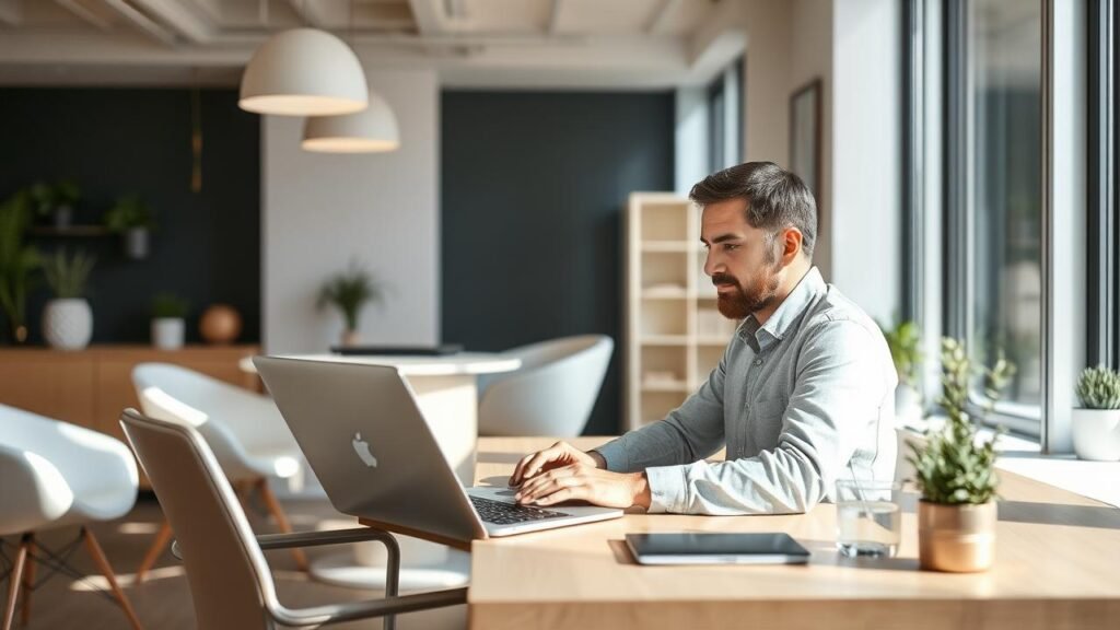 Professionnel souriant travaillant sur un ordinateur portable dans un espace de travail moderne et lumineux, illustrant la simplicité et la transparence dans la gestion des assurances, un cadre idéal pour recueillir des orus avis.