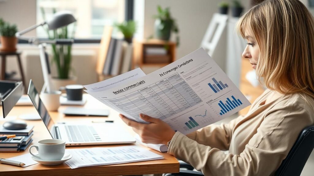 Personne assise à un bureau moderne examinant des documents sur les remises commerciales, avec des calculs et des graphiques en arrière-plan, un ordinateur portable et une tasse de café en désordre.