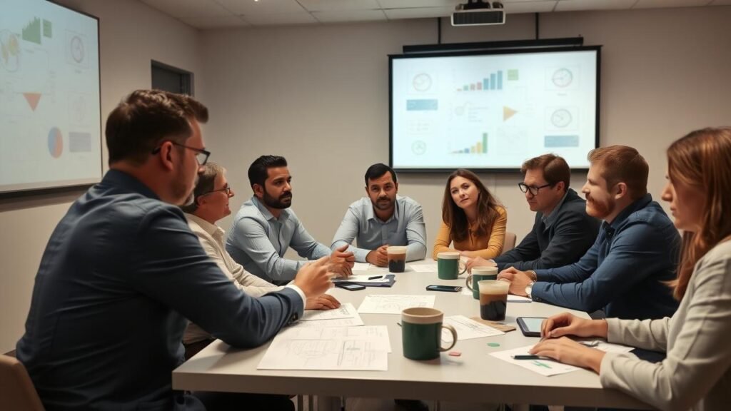 Réunion collaborative dans une salle de conférence avec des employés discutant autour d'une table, graphiques et documents éparpillés, un projecteur affichant des idées, et des tasses de café, illustrant les scop avantages inconvénients de la gestion de projet.