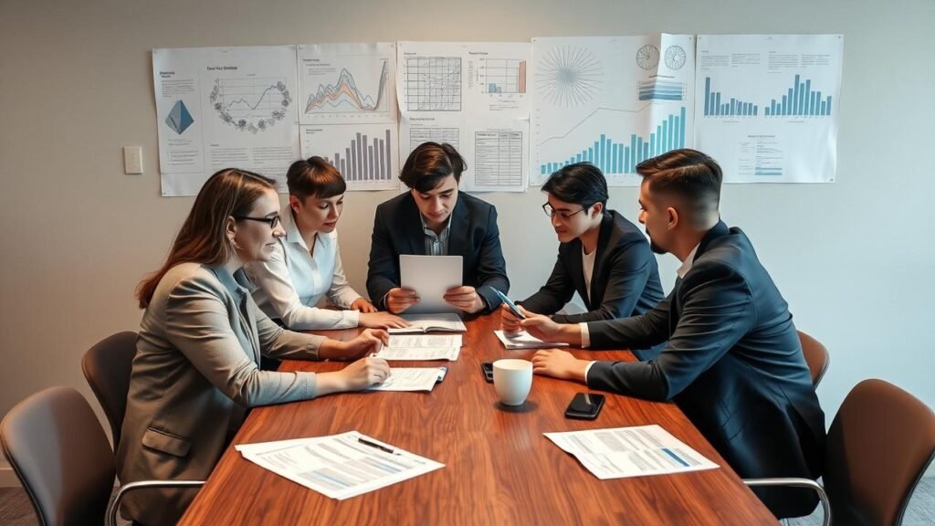 Groupe de personnes discutant autour d'une table avec des documents financiers, illustrant la collaboration dans une société transparente, avec en arrière-plan des graphiques flous sur un mur.