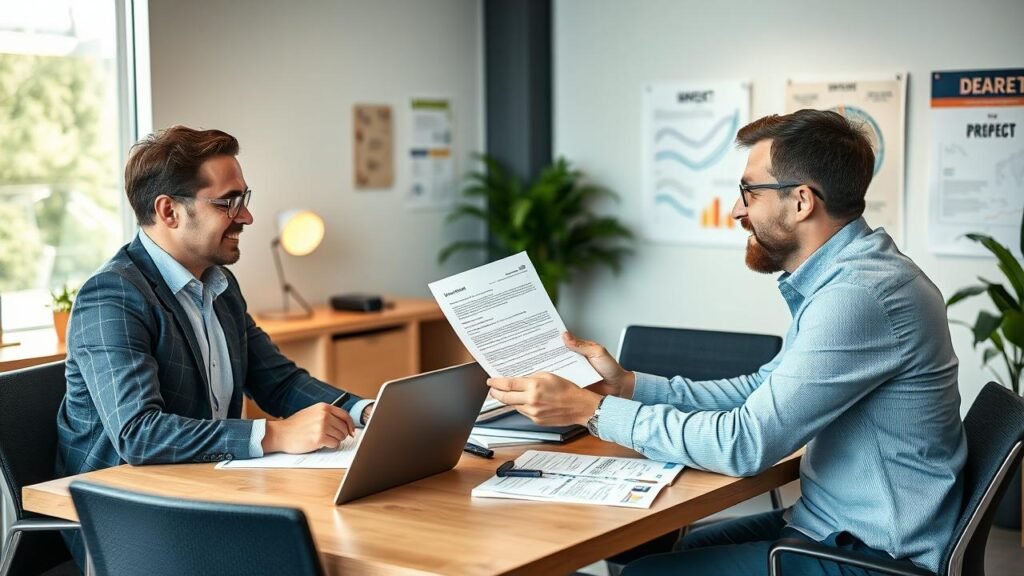 Bureau moderne avec un entrepreneur présentant un document d'apport en jouissance à des partenaires d'affaires autour d'une table, avec un ordinateur portable, un brevet encadré et des affiches de projets, ambiance professionnelle et collaborative.