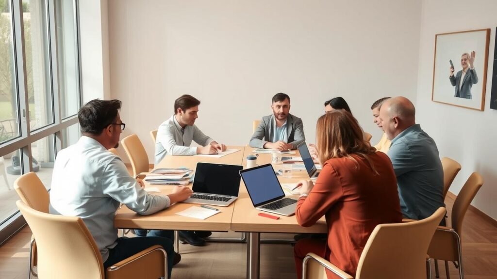 Réunion d'une association sans président avec des membres échangeant autour d'une table, utilisant des ordinateurs portables et des documents, dans un cadre lumineux et convivial.