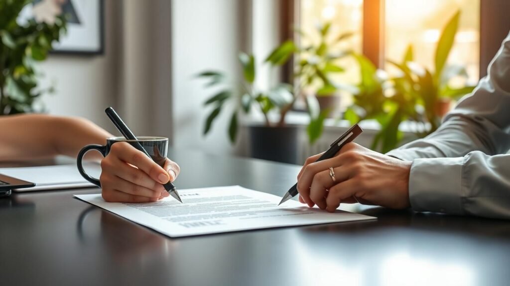 Bureau moderne avec un contrat sur la table, une main signant le document avec un stylo, une tasse de café à côté, des plantes vertes en arrière-plan et une lumière naturelle, illustrant un moment "bon pour accord" dans une ambiance professionnelle et apaisante.