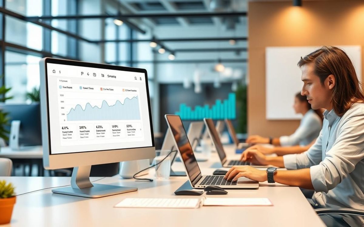 Interface moderne d'un logiciel de gestion de paie en ligne pour PME, montrant des bulletins de salaire automatisés et des graphiques de suivi des cotisations sociales, dans un bureau dynamique avec des professionnels utilisant 123 paie sur leurs ordinateurs.