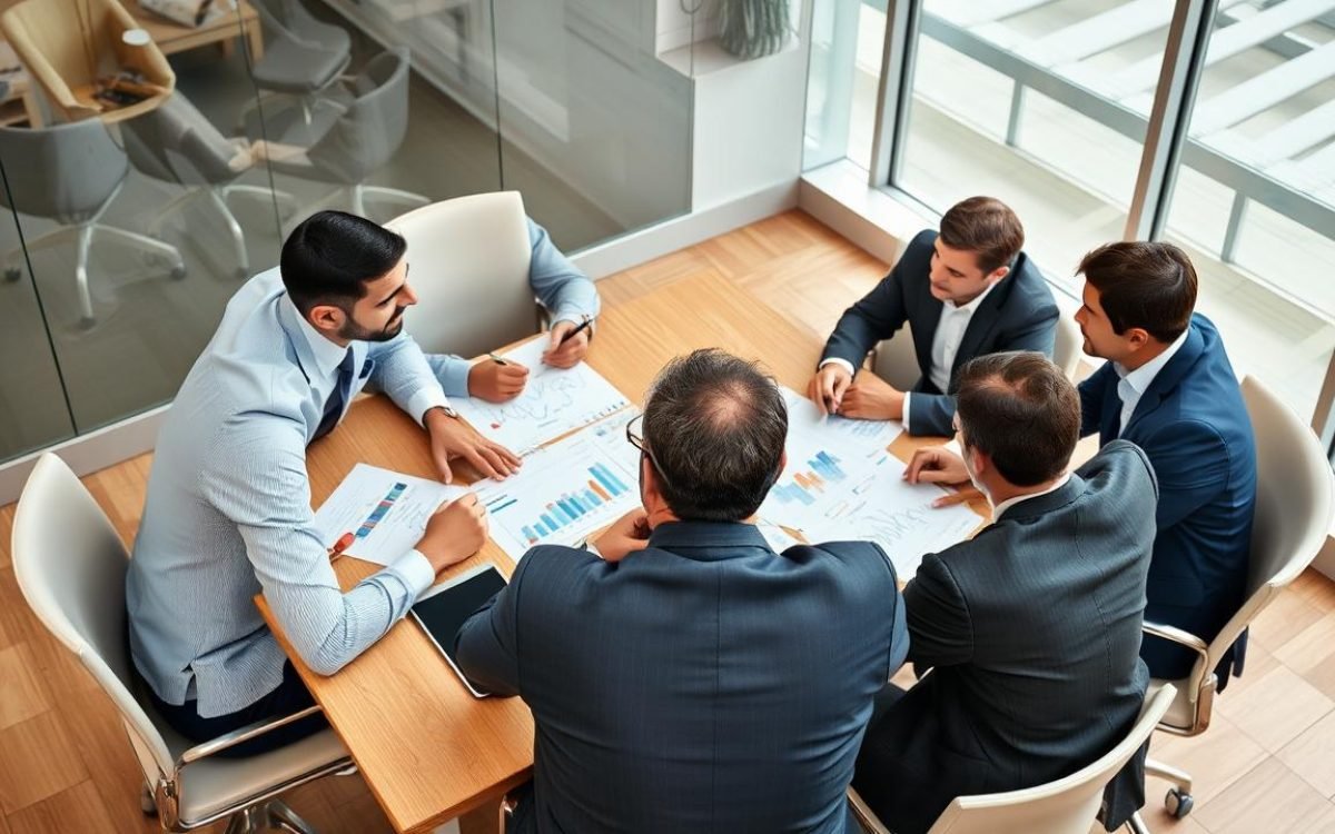 Groupe de professionnels discutant autour d'une table de réunion, examinant des graphiques et des notes sur l'analyse stratégique et les forces concurrentielles selon les 5 forces de porter dans un environnement d'affaires dynamique.