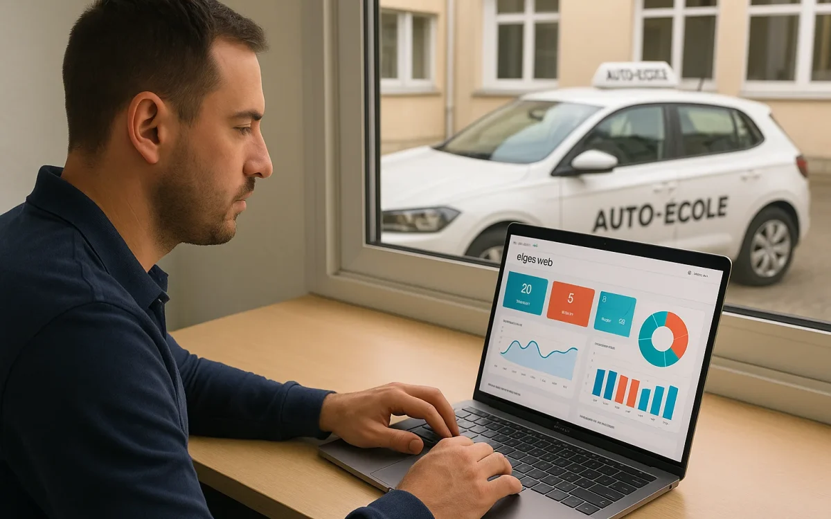 Interface de gestion elgeaweb affichée sur un écran d'ordinateur dans le bureau d'une auto-école moderne avec voiture d'apprentissage en arrière-plan