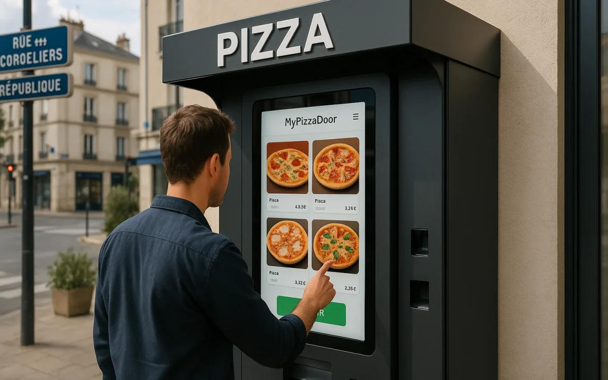 Interface tactile du distributeur automatique de pizzas avec la plateforme mypizzadoor permettant aux clients de passer commande facilement