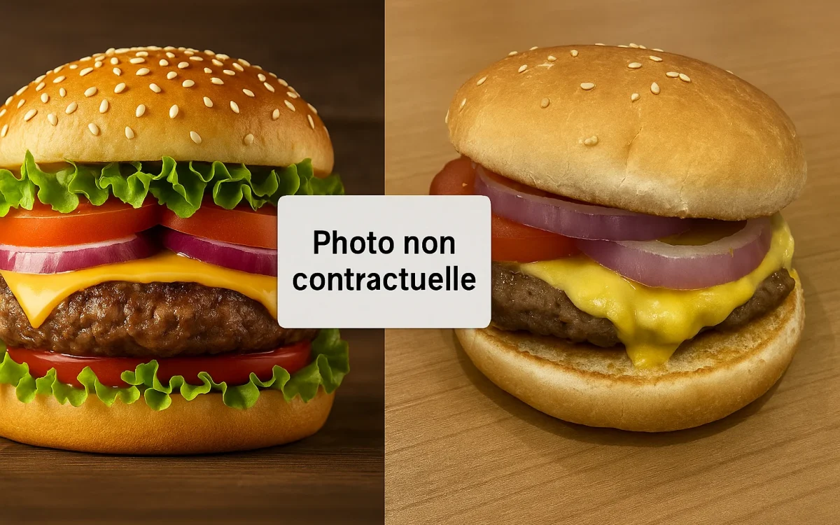 Comparaison visuelle illustrant le concept de photo non contractuel entre un burger publicitaire parfait et sa version réelle moins attrayante.