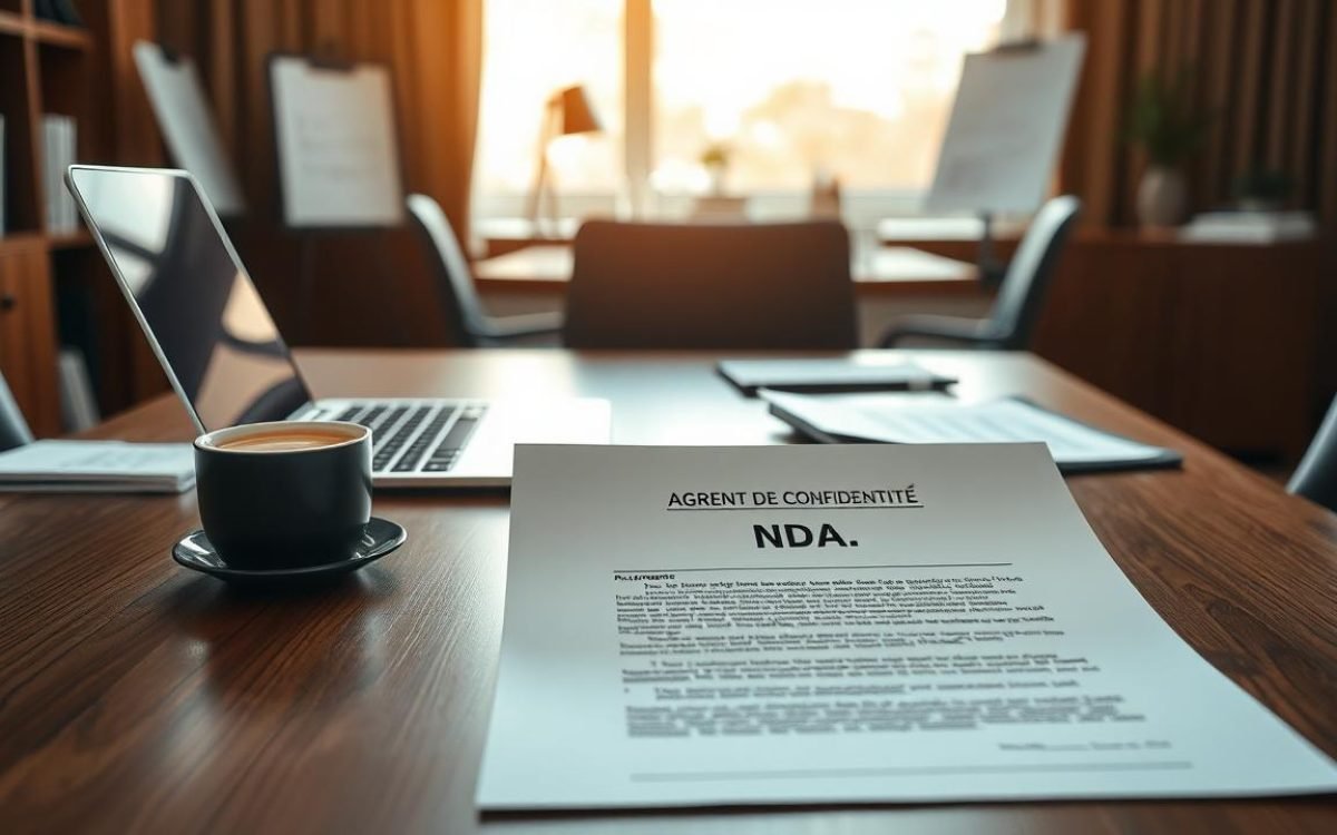 Bureau élégant avec un accord de confidentialité sur une table en bois, un ordinateur portable ouvert et une tasse de café, avec des notes de réunion et des graphiques en arrière-plan, sous un éclairage naturel.
