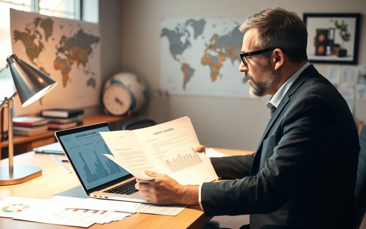 Entrepreneur dans un bureau lumineux réfléchissant à des contrats d'exportation, entouré de documents fiscaux et d'échantillons de produits, avec un ordinateur portable affichant des graphiques de vente et une carte du monde au mur, illustrant l'importance de l'achat en franchise de TVA dans le développement international.