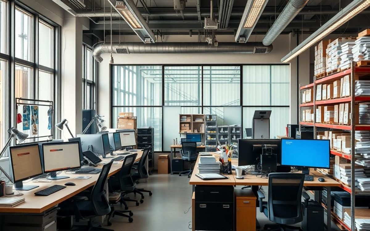 Bureau d'entreprise moderne bien éclairé, présentant des éléments d'actif social tels que des machines industrielles, des ordinateurs, des piles de documents financiers et des équipements de bureau.