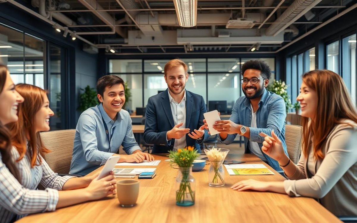 Réunion d'entreprise moderne et conviviale où des employés souriants reçoivent des actions gratuites en reconnaissance, entourés d'animations festives, illustrant l'importance de l'AGA action dans un environnement collaboratif.